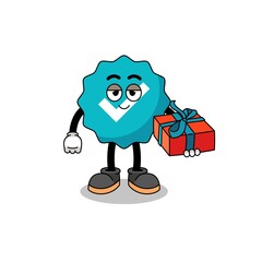 verified sign mascot illustration giving a gift