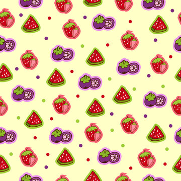 small fruits icon. hand drawn vector. strawberry, mangosteen and watermelon fruits illustration with colorful polka on yellow background. seamless pattern of fruit vector. wallpaper, wrapping paper. 