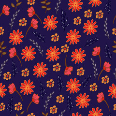 Fototapeta premium batik background with leaf and orange flowers. hand drawn vector. seamless pattern with flower and leaf illustration on blue background. wallpaper, wrapping paper and gift, textile, fabric, backdrop. 