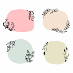 Set of frames for inscriptions. Floral ornament in doodle style. Twig and grass.