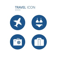 Symbol of Airplane, Bikini, Camera and Hand luggage icons on blue circle shape isolated on white background. Travel icons vector illustration.