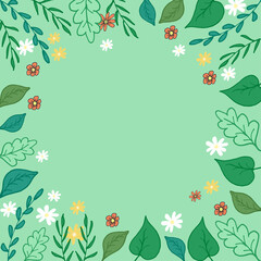 green leaves with colorful blooming flower illustration on green background. blank space design template. hand drawn vector. wallpaper, greeting and invitation card, poster, postcard.nature background