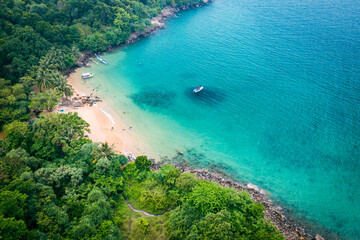 Fototapeta na wymiar Tropical Jungle Beach in Sri Lanka. Aerial view of Exotic Costline and Rainforest. Paradise Beach.