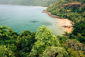 Tropical Jungle Beach in Sri Lanka. Aerial view of Exotic Costline and Rainforest. Paradise Beach.