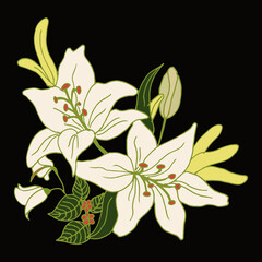 retro flower background. lily flower illustration on black background. hand drawn vector. beautiful blooming flower. doodle art for wallpaper, poster, greeting and invitation card, postcard, gift card