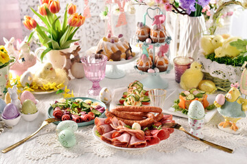 Easter breakfast with a plate of ham and sausages and fresh salads