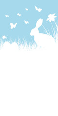 Schmale Karte Osterwiese Hase, Eier & Schmetterlinge Blau