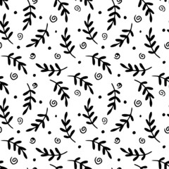 Seamless natural monochrome pattern. Black and white print with branches and leaves. Vector texture.