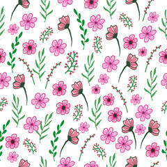 beauty seamless pattern with pink flower and green leaf. hand drawn vector. flower with leaf illustration on white background. doodle art for wallpaper, wrapping paper and gift, fabric, textile. 