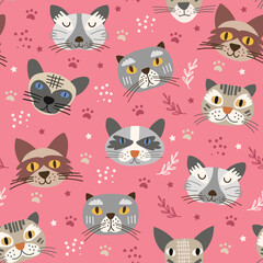 Seamless pattern design with cute cats. Vector illustration.