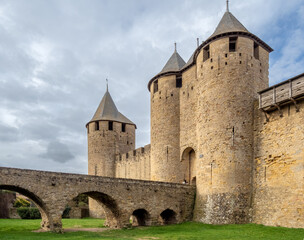 Fototapeta na wymiar Ruins of the fortified medieval citadel of Carcassone, Aude, Occitanie, France. An imposing UNESCO World Heritage Site