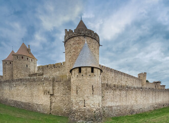 Fototapeta na wymiar Ruins of the fortified medieval citadel of Carcassone, Aude, Occitanie, France. An imposing UNESCO World Heritage Site
