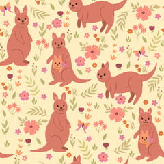 Seamless pattern with kangaroo and flowers. Vector graphics.