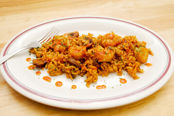Hot and Spicy Jambalaya Rice Dish with Shrimp and Sausages	