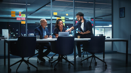 Office Conference Room Meeting: Diverse Team of Top Managers Talk, Brainstorm, Use Laptop Computer....