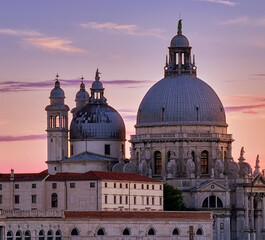 Part of the historic architecture of the basilica Santa Maria della Salute, in Venice, Italy, at sunset      