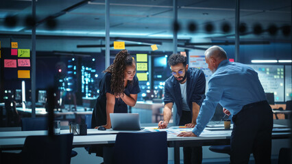 Office Conference Room Meeting: Diverse Team of Top Managers Talk, Brainstorm, Use Digital Tablet....