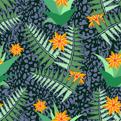 Naklejka premium Tropic plants with flowers and leaves, seamless pattern.