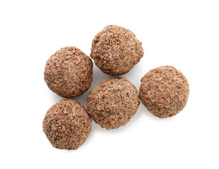 Delicious chocolate truffles on white background, top view