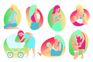 Set of flat illustrations of mother care to kids. Sitting pregnant women, feeding, standing, playing mothers with newborns, children different ages. Vector illustrations isolated on white background