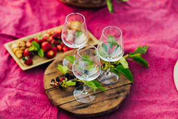 Picnic at the nature on a summer day with berries and a wine. Summer picnic for friends.