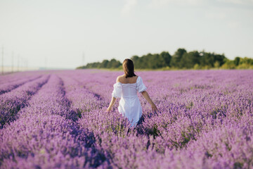 Free woman in white dress with open arms enjoying the nature in the lavender field. Harmony. France, Provence.