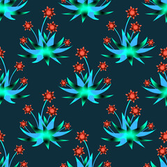 Tropic plants with flowers and leaves, seamless pattern.