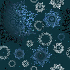 bright, white mandala, round pattern, lace ornament on a dark blue background, seamless pattern