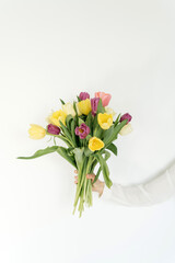 bouquet of colorful tulips in female hands