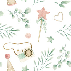 Watercolor seamless pattern with toy camera, stars, eucalyptus branches. Isolated on white background. Hand drawn clipart. Perfect for card, fabric, tags, invitation, printing, wrapping.