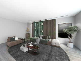 3D rendering, spacious living room design of modern residence, with sofa, tea table, decorative painting, etc