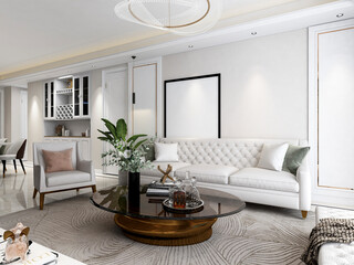 3D rendering, spacious living room design of modern residence, with sofa, tea table, decorative painting, etc
