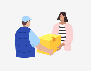 Delivery. Woman receiving parcel from delivery man. Flat style. Vector