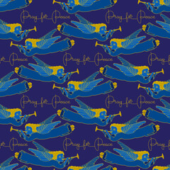 Pray for peace, seamless pattern. Inscription, angels on blue. Vector.