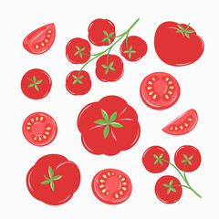 Tomato set isolated on white background. Whole and sliced vegetables. Vector illustration
