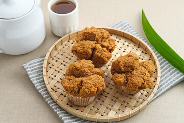 Bolu Kukus Gula Jawa (brown sugar steamed sponge cake), a traditional snack from Indonesia made from flour, egg, brown sugar, and salt. 
