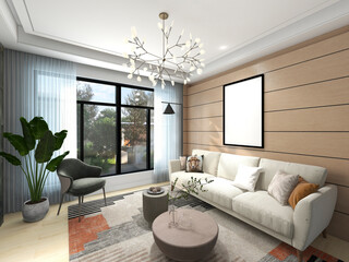 3D rendering, spacious living room design of modern residence, with sofa, tea table, decorative painting, etc