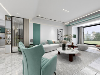 3D rendering, spacious living room design of modern residence, with sofa, tea table, decorative painting, etc