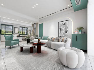 3D rendering, simple modern living room sofa with coffee table, with green plants on the table.