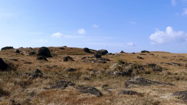 Rocky Mountainous Landscape With Bright Blue Sky At Morning From Flat Angle