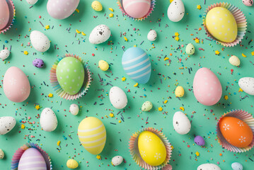 Fototapeta na wymiar Top view photo of easter decorations multicolored easter eggs in paper baking molds and confectionery topping on isolated turquoise background