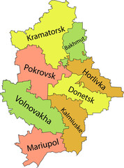 Pastel flat vector map of raion areas of the Ukrainian administrative area of DONETSK OBLAST, UKRAINE with black border lines and name tags of its raions