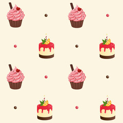 Seamless pattern with cheesecakes and cupcakes. Vector illustration.