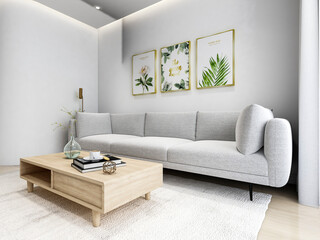 3D rendering, simple modern living room sofa with coffee table, with green plants on the table.