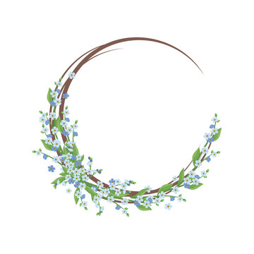 Round wreath of blue forget me not flowers. Spring blooming composition or frame with buds and leaves. Festive decoration for wedding, holiday, postcard and design. Vector flat illustration