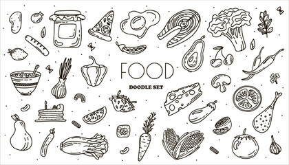 Vector Food Doodle Icons. Hand Made Line Art set. Menu Restaurant. Sketch illustration of healthy food. Logotype Symbol Design