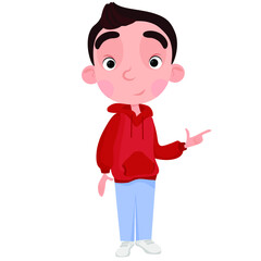 A young guy in a red sweater points his finger