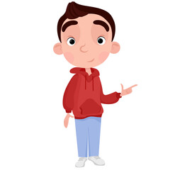 A young guy in a red sweater points his finger