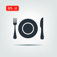 Plate, fork and knife icon. EPS-10. Vector illustration for graphic design, Web, UI, mobile upp.