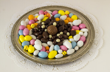 Traditional Turkish Colorful Almond Candies and Chocolates in vintage round tray,